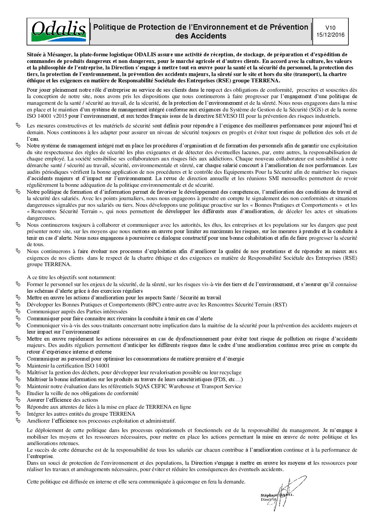 Sté ODALIS - Politique de Protection de l'Environnement et de Prévention des Accidents Majeurs