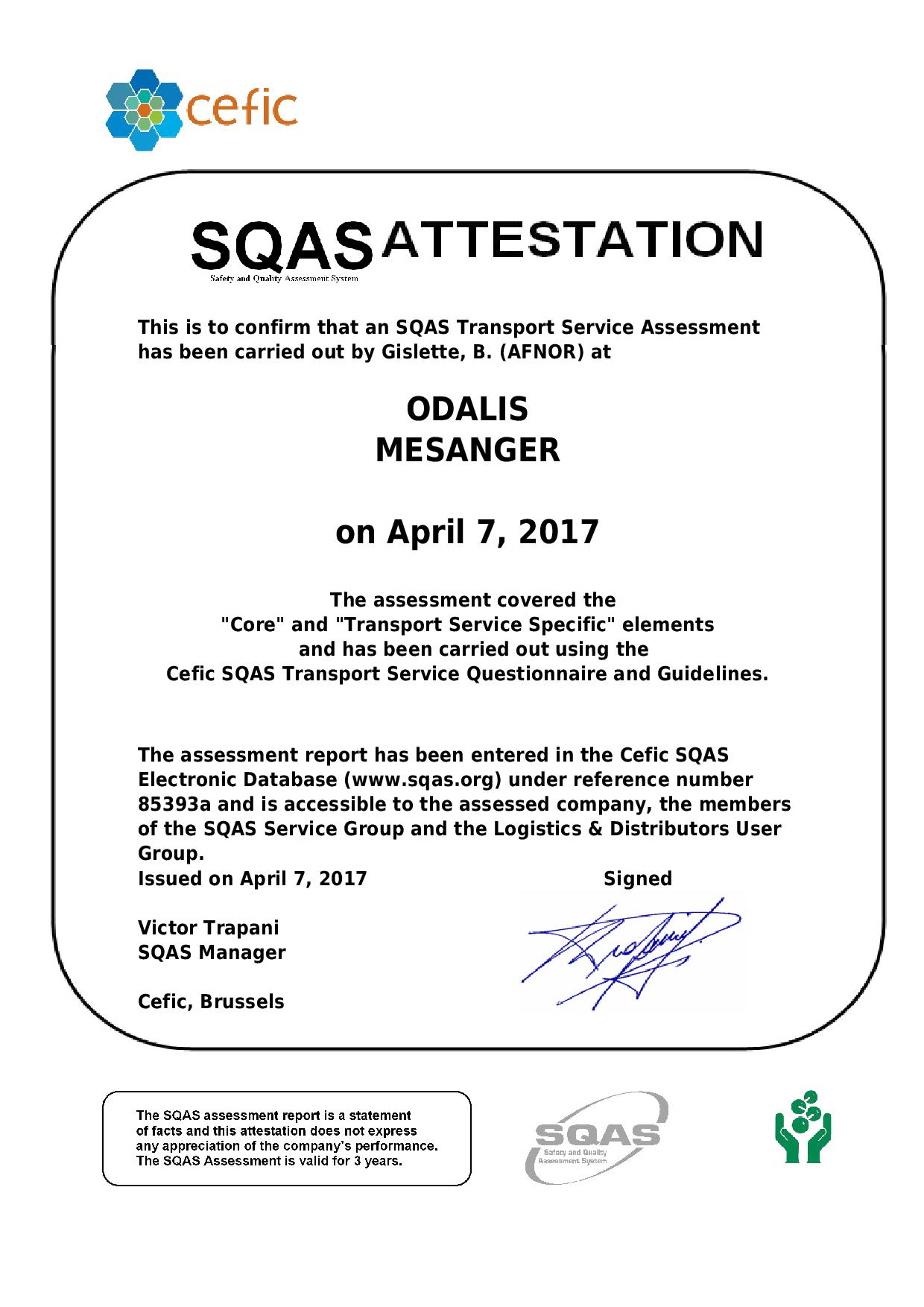 Sté ODALIS - Attestation SQAS